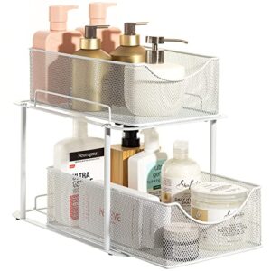 sorbus 2 tier under the sink organizer baskets with mesh sliding drawers —ideal for cabinet, countertop, pantry, and desktop, for bathroom, kitchen, office, etc.—made of steel (white)