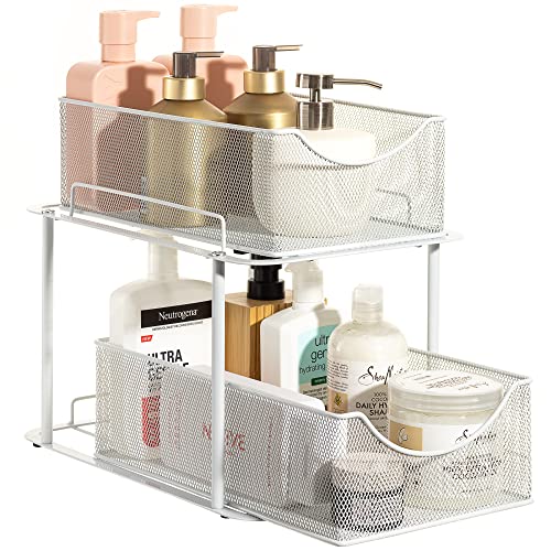 Sorbus 2 Tier Under the Sink Organizer Baskets with Mesh Sliding Drawers —Ideal for Cabinet, Countertop, Pantry, and Desktop, for Bathroom, Kitchen, Office, etc.—Made of Steel (White)