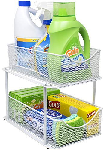 Sorbus 2 Tier Under the Sink Organizer Baskets with Mesh Sliding Drawers —Ideal for Cabinet, Countertop, Pantry, and Desktop, for Bathroom, Kitchen, Office, etc.—Made of Steel (White)