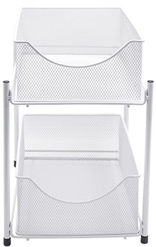 Sorbus 2 Tier Under the Sink Organizer Baskets with Mesh Sliding Drawers —Ideal for Cabinet, Countertop, Pantry, and Desktop, for Bathroom, Kitchen, Office, etc.—Made of Steel (White)