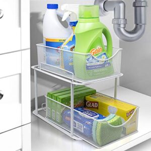 Sorbus 2 Tier Under the Sink Organizer Baskets with Mesh Sliding Drawers —Ideal for Cabinet, Countertop, Pantry, and Desktop, for Bathroom, Kitchen, Office, etc.—Made of Steel (White)