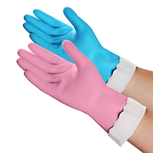 HSL Household Cleaning Gloves - 2 Pairs Reusable Kitchen Dishwashing Gloves with Latex Free, Cotton lining, Waterproof, Non-Slip (Medium)