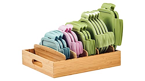 Umilife Kitchen Cabinet Organizer for Food Storage Container Lids, with Adjustable Dividers, Bamboo Drawer Caddy, Box for Kitchen Storage and Organization