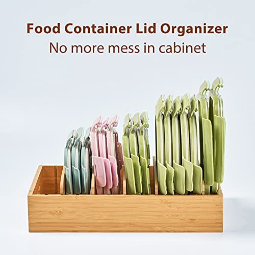 Umilife Kitchen Cabinet Organizer for Food Storage Container Lids, with Adjustable Dividers, Bamboo Drawer Caddy, Box for Kitchen Storage and Organization