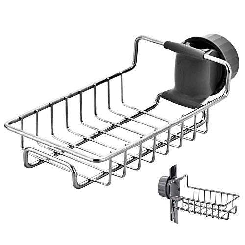 iPstyle Kitchen Sink Caddy Organizer Over Faucet Sponge Holder, Stainless Steel Heavy Duty Thickening Hanging Faucet Drain Rack for Scrubbers, Soap, Bathroom, Detachable No Suction Cup or Magnet