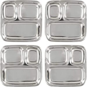 darware stainless steel divided plates/compartment trays (4-pack); 9.8 x 8.1 inches oblong 3-section mini trays, great size for kids, portion control, camping