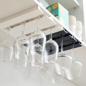 aqjunong 2 pack wine glass rack – punch-free under cabinet stemware wine glass holder glasses storage hanger plastic organizer for bar punch-free self-adhesive（white）