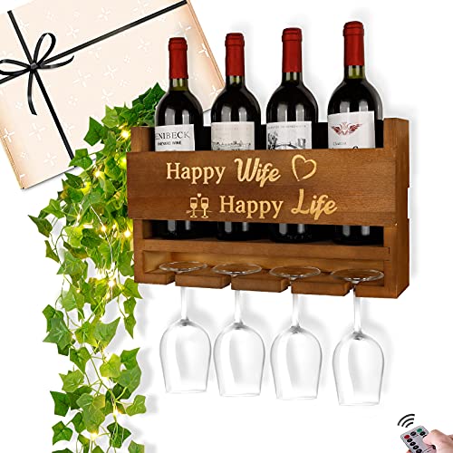 Valentine's Day Gifts for Wife,Wood Wall Mounted Wine Rack with Vines Remote Lights,Wine Display Storage Holder for Kitchen Dining Room Home Bar,Women Gifts Ideas for Anniversary, Birthday Gifts