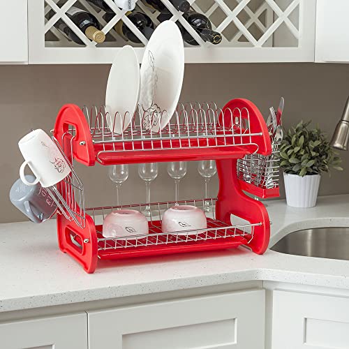 2 Tier Dish Drainer, By Home Basics (Red) Dish Rack For Kitchen Counter, With Cutlery Holder and Cup Slots