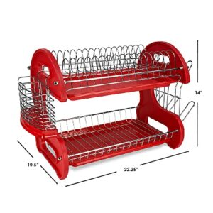 2 Tier Dish Drainer, By Home Basics (Red) Dish Rack For Kitchen Counter, With Cutlery Holder and Cup Slots