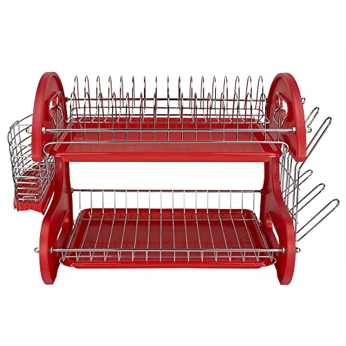 2 Tier Dish Drainer, By Home Basics (Red) Dish Rack For Kitchen Counter, With Cutlery Holder and Cup Slots