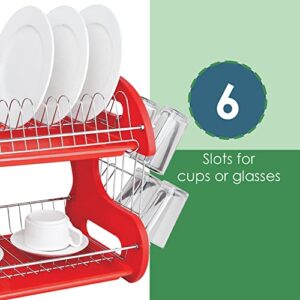 2 Tier Dish Drainer, By Home Basics (Red) Dish Rack For Kitchen Counter, With Cutlery Holder and Cup Slots