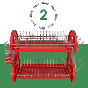 2 Tier Dish Drainer, By Home Basics (Red) Dish Rack For Kitchen Counter, With Cutlery Holder and Cup Slots