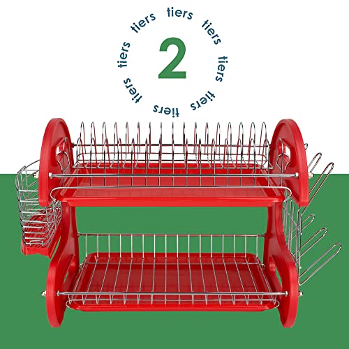 2 Tier Dish Drainer, By Home Basics (Red) Dish Rack For Kitchen Counter, With Cutlery Holder and Cup Slots