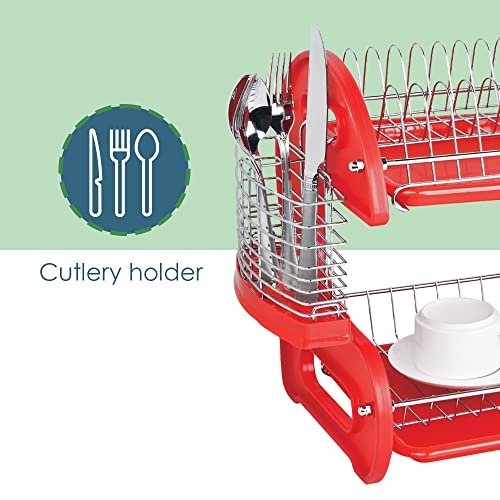 2 Tier Dish Drainer, By Home Basics (Red) Dish Rack For Kitchen Counter, With Cutlery Holder and Cup Slots