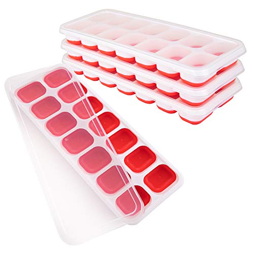 4 Pack Ice Cube Trays, Ice Tray Durable & Flexible, Ice Trays for Freezer, Silicone Ice Cube Tray, 14 Ice Cube Trays for Freezer With Lid, Super Easy Release Stackable BPA Free for Drinks & Cocktail