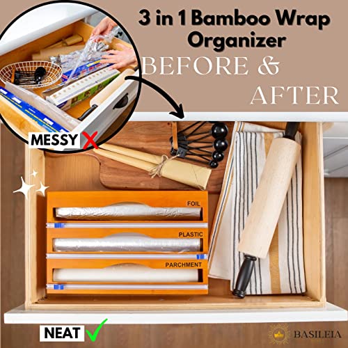 BASILEIA 3 in 1 Plastic Wrap Dispenser with Cutter - Bamboo Foil Organizer with 2 Extra Cutters & 24 Label for Cling Wrap, Aluminum Foil, Wax & Parchment Paper-Rolls up to 12"