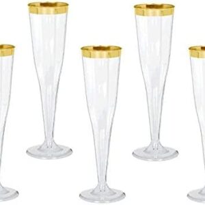 Oojami 30 Plastic Classic Champagne Disposable Flutes for Parties Plastic cups Wedding Party Toasting Cocktail Cups Bulk Party Pack (Gold Rim)