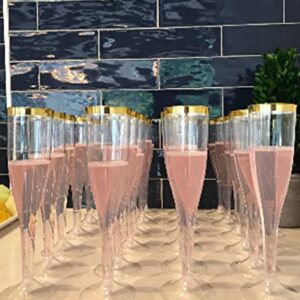 Oojami 30 Plastic Classic Champagne Disposable Flutes for Parties Plastic cups Wedding Party Toasting Cocktail Cups Bulk Party Pack (Gold Rim)