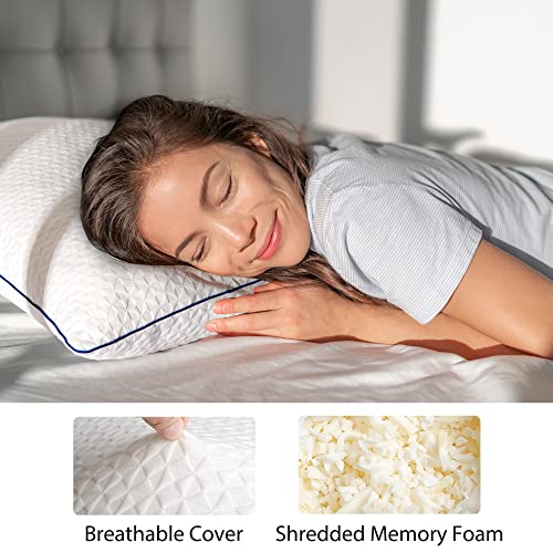 viewstar Pillows Queen Size Set of 2, Firm and Supportive Shredded Memory Foam Pillows, Adjustable Loft Back Side Sleeper Bed Pillow with Washable Removable Cover, 20"x 30"