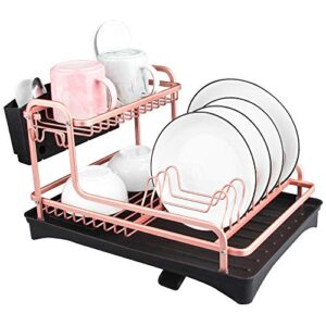 tomorotec never rust aluminum dish rack and drain board with utensil holder, 2-tier kitchen plate cup dish drying rack tray cutlery dish drainer (matt rose gold)
