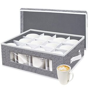 homyfort mug storage box, china storage containers organizer hard shell with dividers for 12 coffee mugs, tea cup, moving & packing (grey)