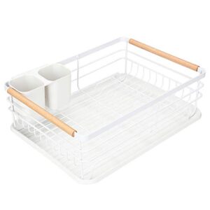 modern wood handle dish rack and drain board, attom tech home 16.5″ x 12″ x 5.5″ kitchen plate cup dish drying rack tray cutlery dish drainer
