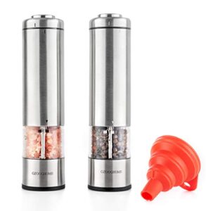 gzooghome electric salt and pepper grinder set – battery operated automatic one handed salt pepper mill with funnel and bottom cap – ceramic grinders with lights and adjustable coarseness