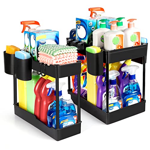 2 Pack Under Sink Organizer- 2 Stackable Rack Organizer Tier Bathroom Under the Sink Organizers Multi-Usage Kitchen Cabinet Organizers and Storage Bath Shelf Baskets w 4 Hanging Cup and 5 Hooks, Black