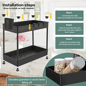 2 Pack Under Sink Organizer- 2 Stackable Rack Organizer Tier Bathroom Under the Sink Organizers Multi-Usage Kitchen Cabinet Organizers and Storage Bath Shelf Baskets w 4 Hanging Cup and 5 Hooks, Black