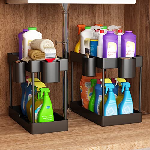 2 Pack Under Sink Organizer- 2 Stackable Rack Organizer Tier Bathroom Under the Sink Organizers Multi-Usage Kitchen Cabinet Organizers and Storage Bath Shelf Baskets w 4 Hanging Cup and 5 Hooks, Black