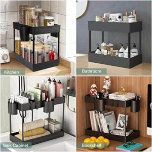 2 Pack Under Sink Organizer- 2 Stackable Rack Organizer Tier Bathroom Under the Sink Organizers Multi-Usage Kitchen Cabinet Organizers and Storage Bath Shelf Baskets w 4 Hanging Cup and 5 Hooks, Black