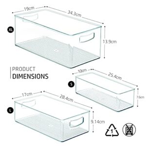 Hudgan 8 PACK Stackable Pantry Organizer Bins (3 sizes) - Clear Fridge Organizers for Kitchen, Freezer, Countertops, Cabinets - Plastic Food Storage Container with Handles for Home and Office