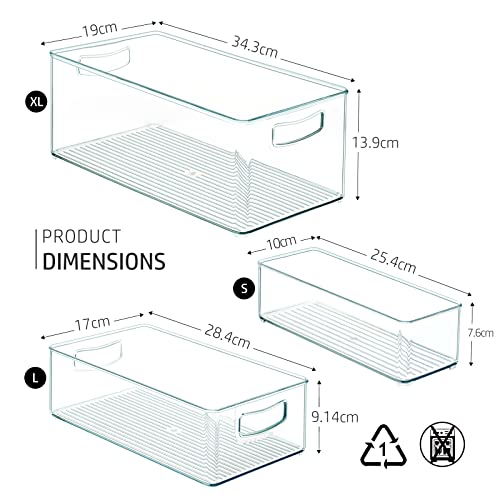 Hudgan 8 PACK Stackable Pantry Organizer Bins (3 sizes) - Clear Fridge Organizers for Kitchen, Freezer, Countertops, Cabinets - Plastic Food Storage Container with Handles for Home and Office