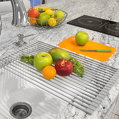 Sorbus Roll-Up Dish Drying Rack [Large 20.5'' X 13"] Over The Sink Drying Mat,- Multipurpose Dish Drainer - Fruits and Vegetable Rinser - Durable Silicone Covered Stainless Steel (Warm Gray)