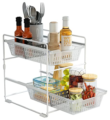 Under Sink Organizers and Storage,Bathroom Counter Organizer Shelf,2 Tier Pull Out Cabinet Organizer Baskets with Dividers,White