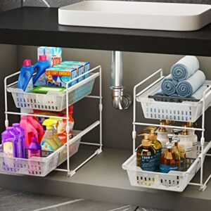 Under Sink Organizers and Storage,Bathroom Counter Organizer Shelf,2 Tier Pull Out Cabinet Organizer Baskets with Dividers,White