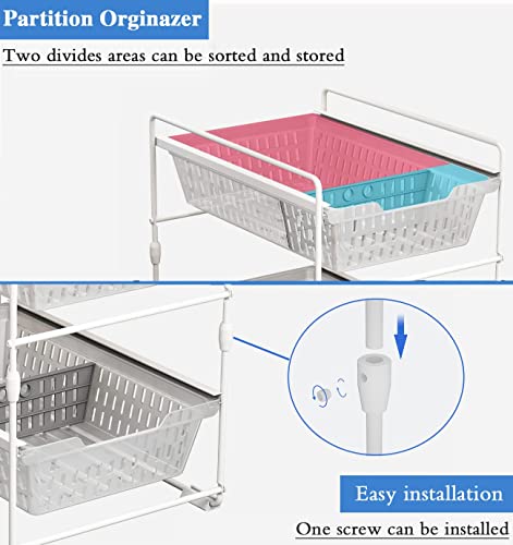 Under Sink Organizers and Storage,Bathroom Counter Organizer Shelf,2 Tier Pull Out Cabinet Organizer Baskets with Dividers,White