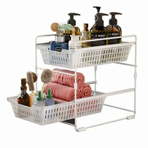 Under Sink Organizers and Storage,Bathroom Counter Organizer Shelf,2 Tier Pull Out Cabinet Organizer Baskets with Dividers,White