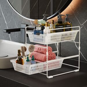 Under Sink Organizers and Storage,Bathroom Counter Organizer Shelf,2 Tier Pull Out Cabinet Organizer Baskets with Dividers,White