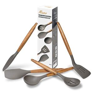 Miusco Non-Stick Silicone Kitchen Utensils Set with Natural Acacia Hard Wood Handle, 5 Pieces, Grey, BPA Free, Baking, Serving and Cooking Utensils