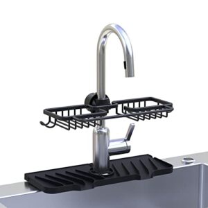 isabetta faucet sponge holder with hook and silicone faucet sink mat sink splash guard set,detachable hanging faucet drain rack,kitchen faucet splash pad for kitchen bathroom (black)