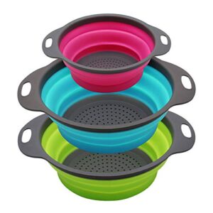 qimh collapsible colander set of 3 round silicone kitchen strainer set – 2 pcs 4 quart and 1 pcs 2 quart- perfect for draining pasta, vegetable and fruit (green,blue, purple)