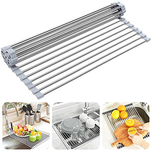 Searik Over The Sink Dish Drying Rack, Roll up Sink Dish Drainer Rack Multipurpose Foldable Kitchen Stainless Steel Dish Rack Sink Drying Rack (17.7” x 11.8”)