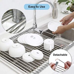 Searik Over The Sink Dish Drying Rack, Roll up Sink Dish Drainer Rack Multipurpose Foldable Kitchen Stainless Steel Dish Rack Sink Drying Rack (17.7” x 11.8”)