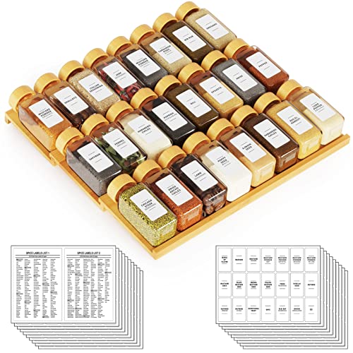 SpaceAid Bamboo Spice Drawer Organizer with 24 Spice Jars, 378 White Minimalist Spice Labels, 3 Tier Seasoning Rack Tray Insert for Kitchen Drawers, 15" Wide x 15" Deep x 2.6" Tall