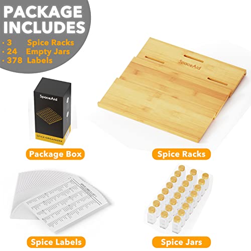 SpaceAid Bamboo Spice Drawer Organizer with 24 Spice Jars, 378 White Minimalist Spice Labels, 3 Tier Seasoning Rack Tray Insert for Kitchen Drawers, 15" Wide x 15" Deep x 2.6" Tall