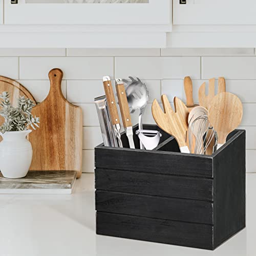 Utensil Caddy Cutlery Organizer Silverware Holder, Kitchen Cooking Utensil Crock Holder for Countertop,Large Utensil Flatware Organizer Storage Box with 2 Compartments,Utensil Crock Organizer Counter…