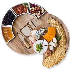 cheese board set – charcuterie board set and cheese serving platter – made from acacia wood – us patented 13 inch cheese cutting board and knife set for entertaining and serving – 4 knives and 4 bowls