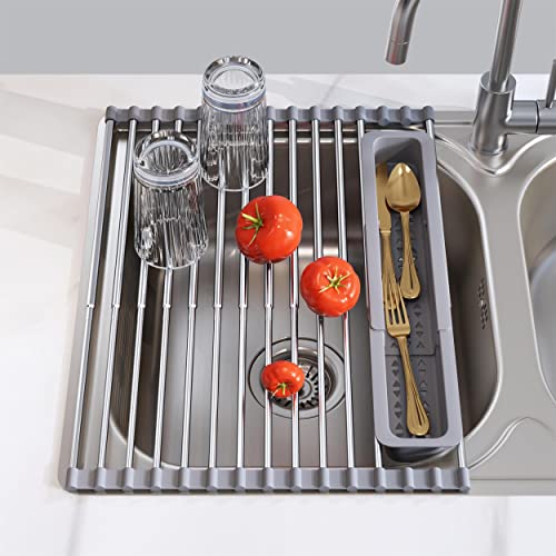 JASIWAY Roll Up Dish Drying Rack, Expandable 304 Stainless Steel Portable Over The Sink Dish Drainer for Kitchen Sink Counter, Foldable Sink Cover with Removable Utensil Holder(12.8"-23.3")